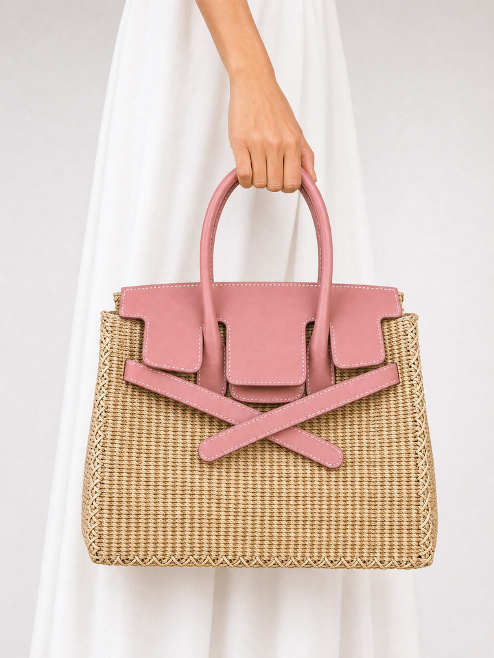 Velantra Straw Tote - Lady Pink Hand-held front 