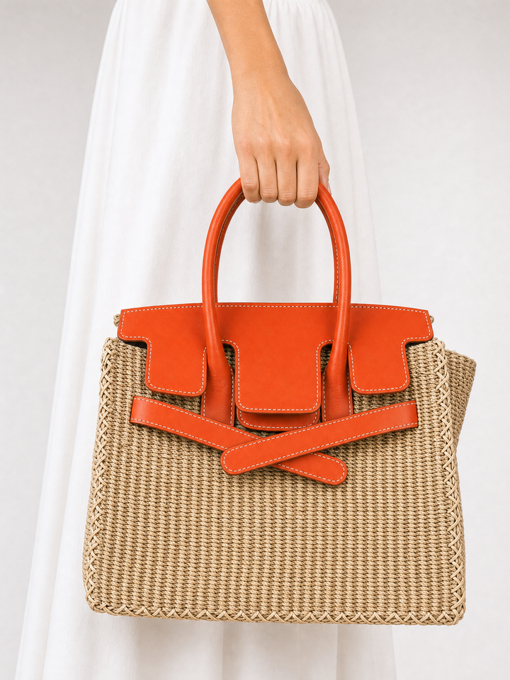 Velantra Straw Tote - Lightning Orange Hand-held front 