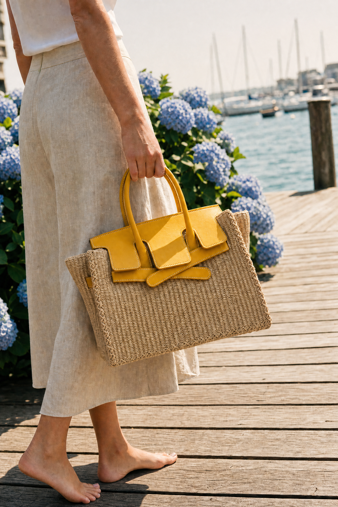 Velantra Straw Tote - Sunny Yellow Dock side 
