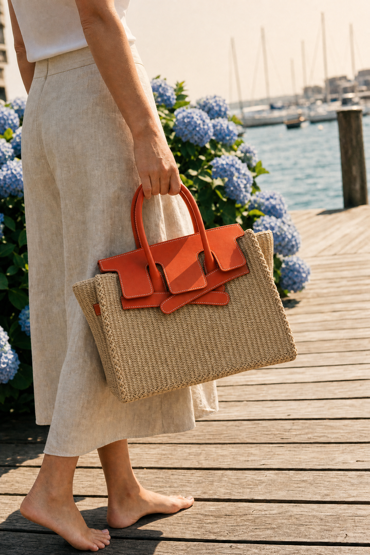 Velantra Straw Tote - Lightning Orange Dock side 