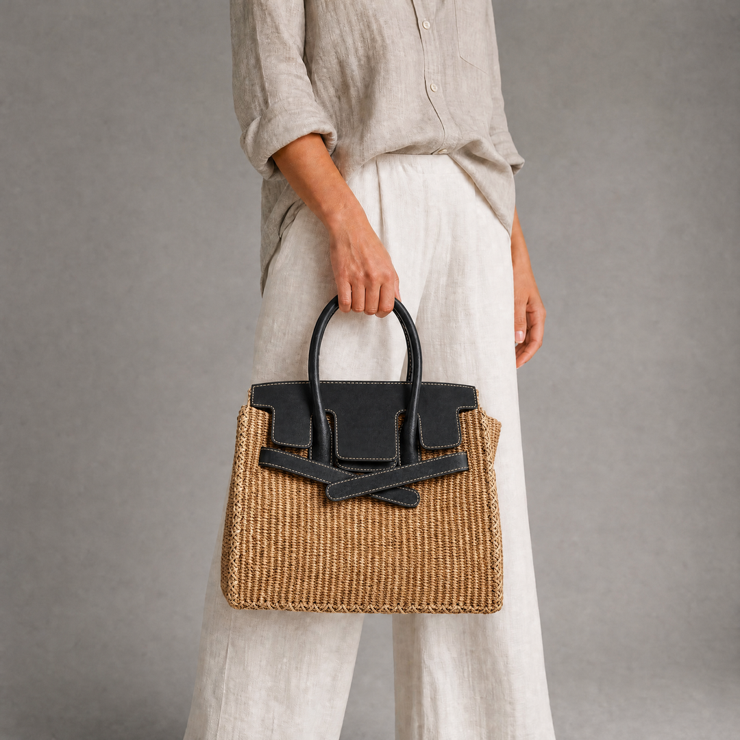 Velantra Sofia Woven Tote - Caban Black On-model 