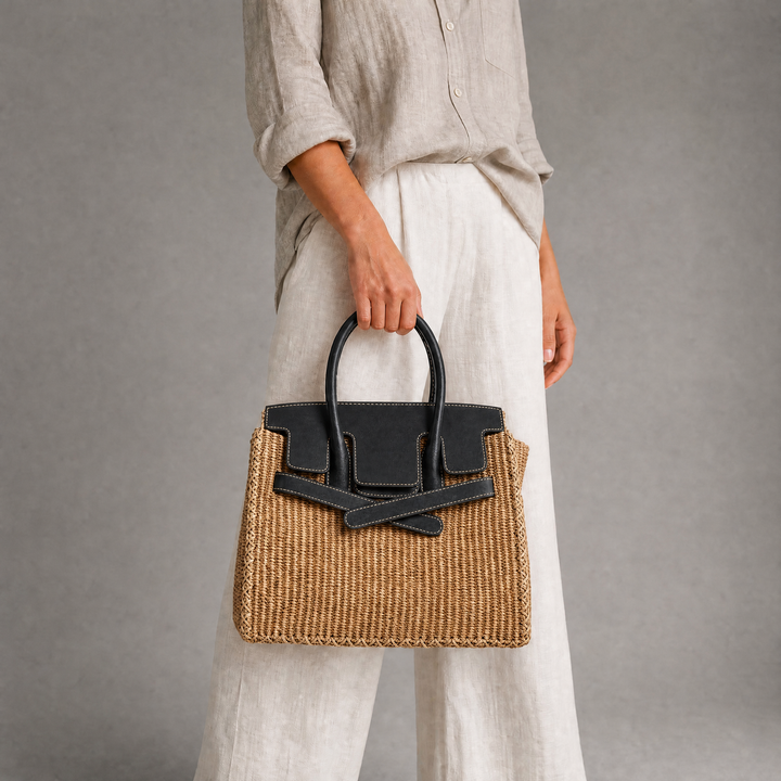Velantra Sofia Woven Tote - Caban Black On-model 