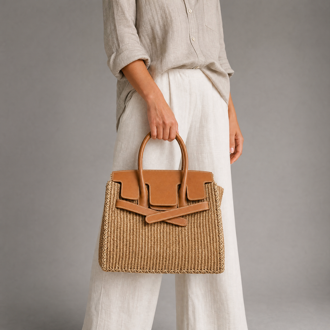 Velantra Sofia Woven Tote - Caramel On-model 