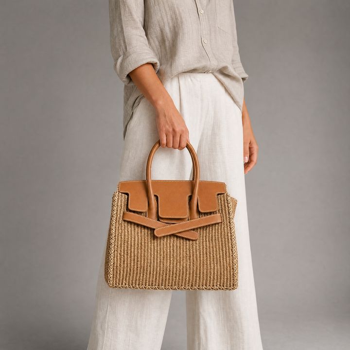 Velantra Sofia Woven Tote - Caramel On-model 