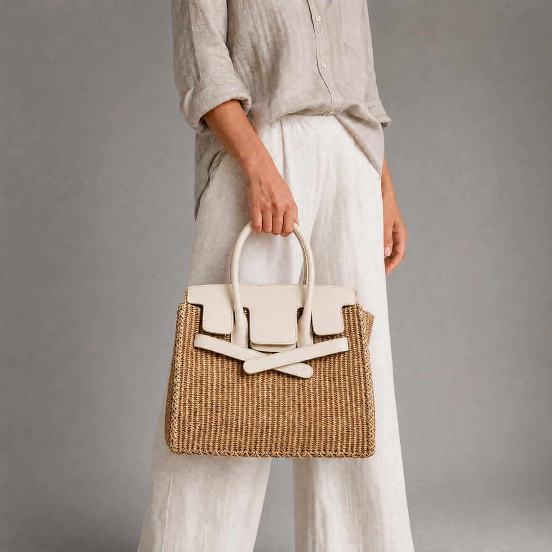 Velantra Sofia Woven Tote - Cream On-model 
