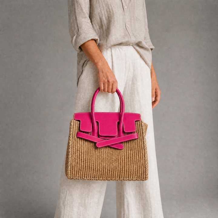 Velantra Sofia Woven Tote - Lady Pink On-model 