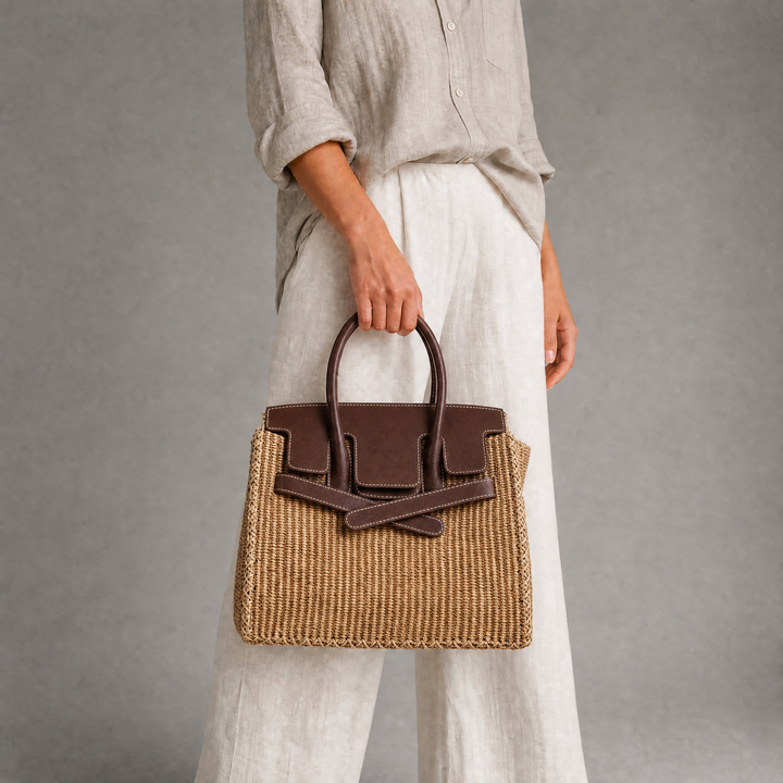 Velantra Sofia Woven Tote - Light Chocolate On-model 