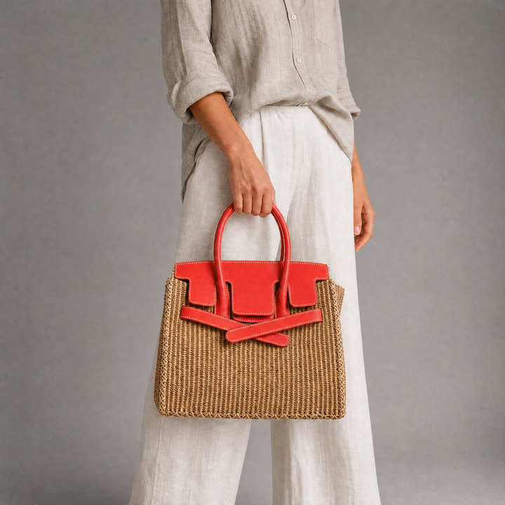 Velantra Sofia Woven Tote - Lightning Orange On-model 