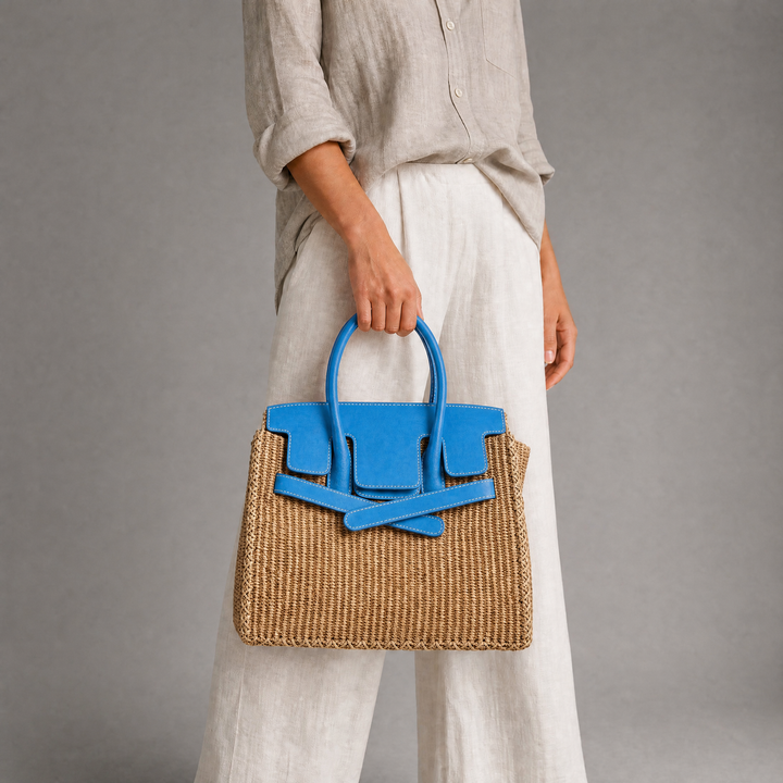 Velantra Sofia Woven Tote - Sky Blue On-model 