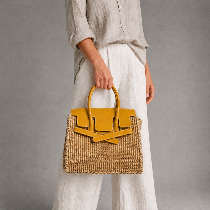 Velantra Sofia Woven Tote - Sunny Yellow On-model 