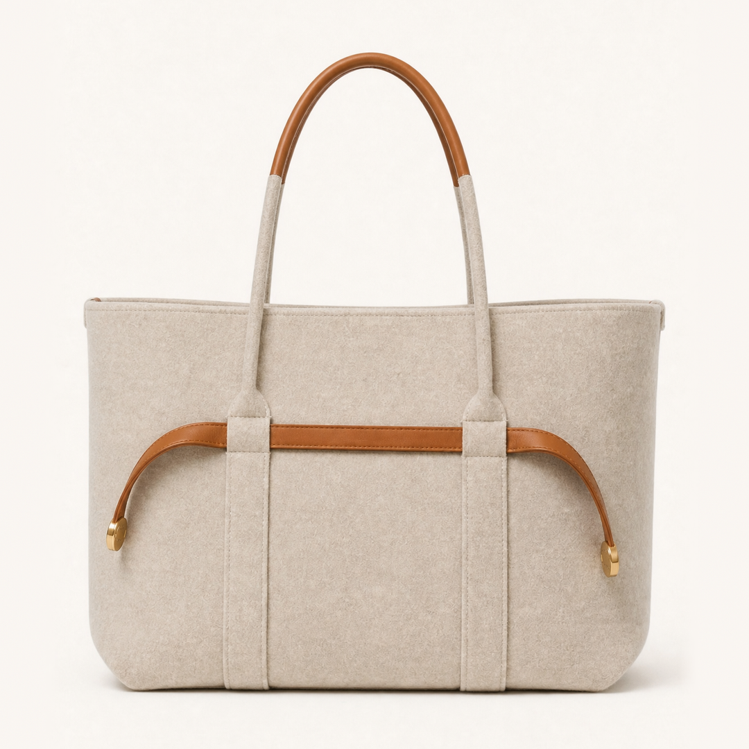 The Colette Wool Tote in Caramel, front view 