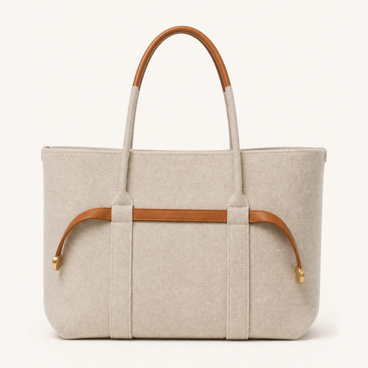The Colette Wool Tote in Caramel, front view 