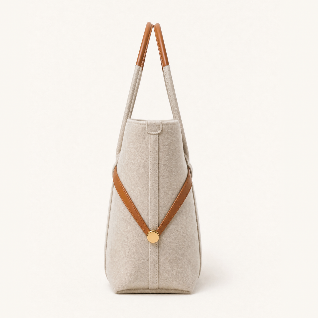 The Colette Wool Tote in Caramel, side profile 