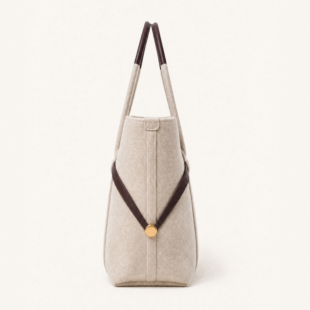 The Colette Wool Tote in Espresso, side profile 