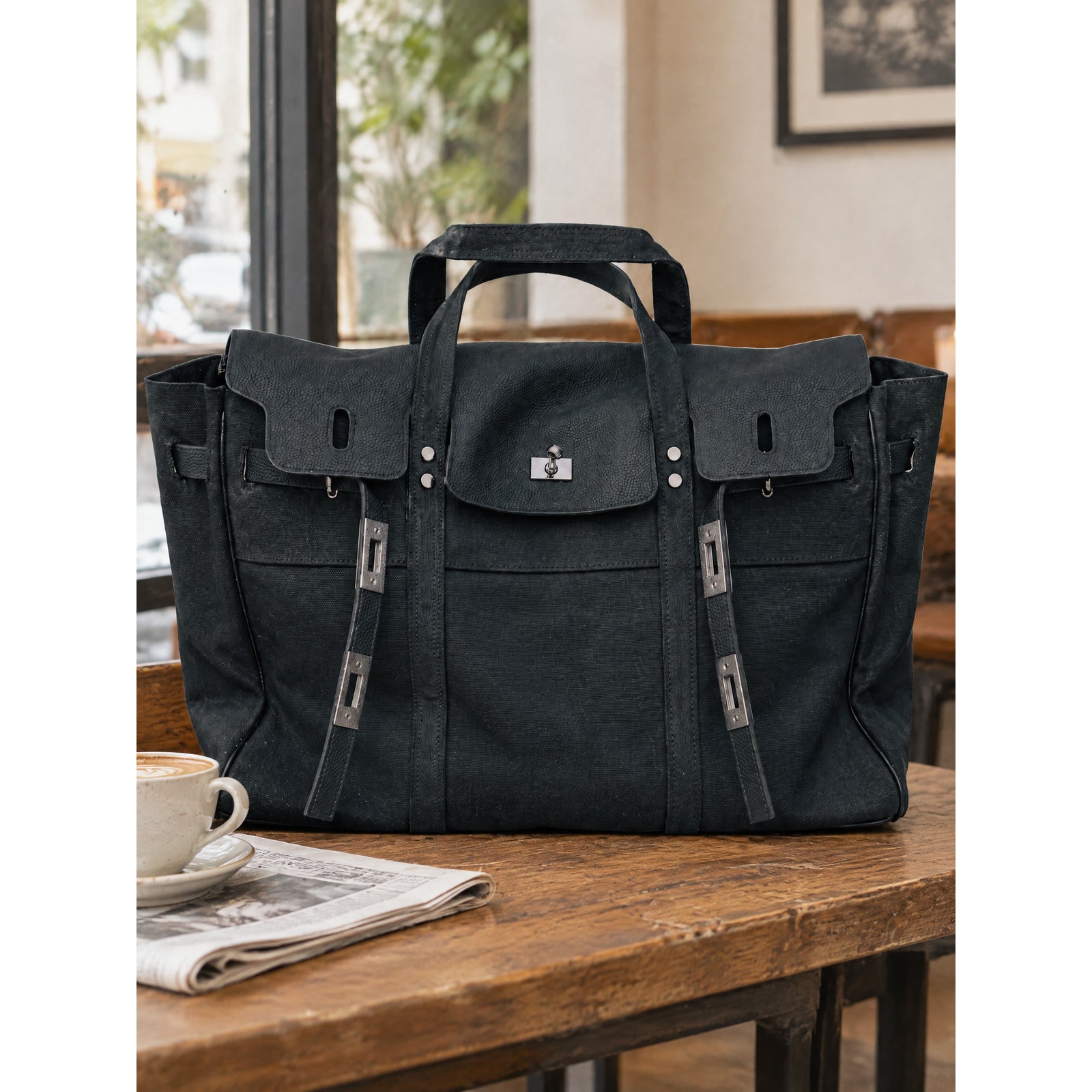 Lucienne Canvas Tote in Black, still life