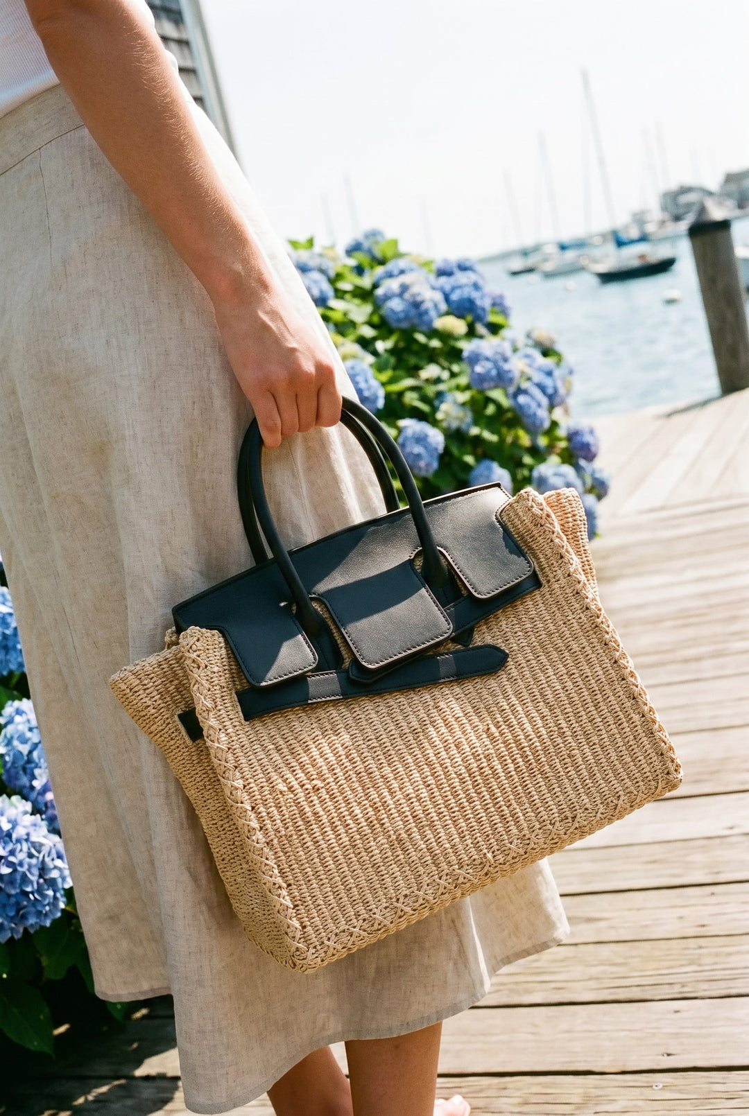 Velantra Straw Tote - Caban Black Dock side 