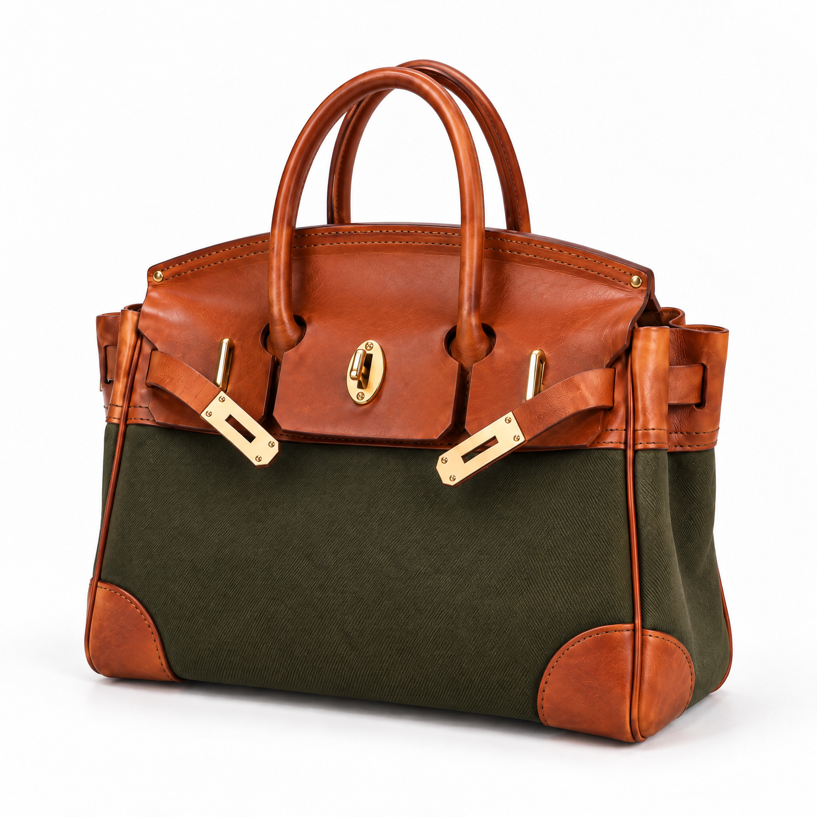 The Vivienne Top Handle Bag in Army Green Canvas, three quarter