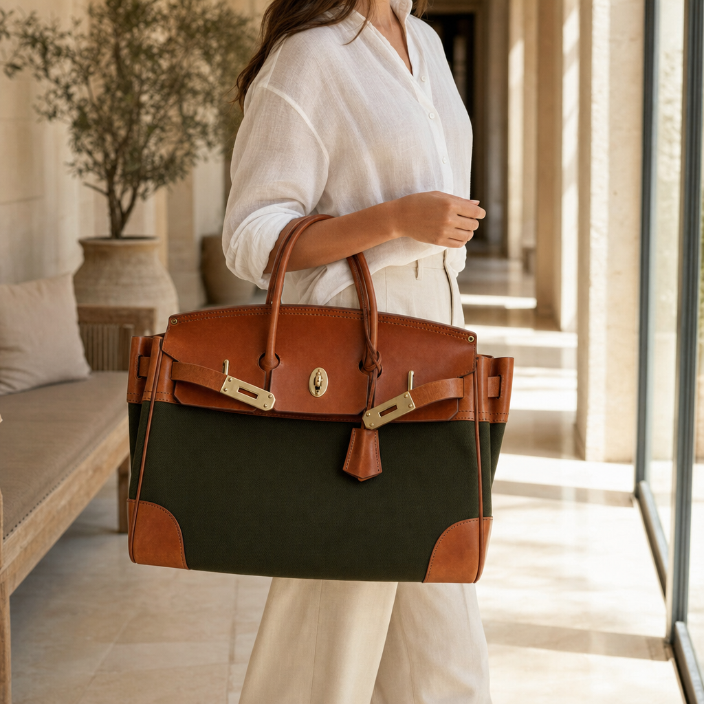 Velantra Weekender in Army Green carried on the forearm, true to scale