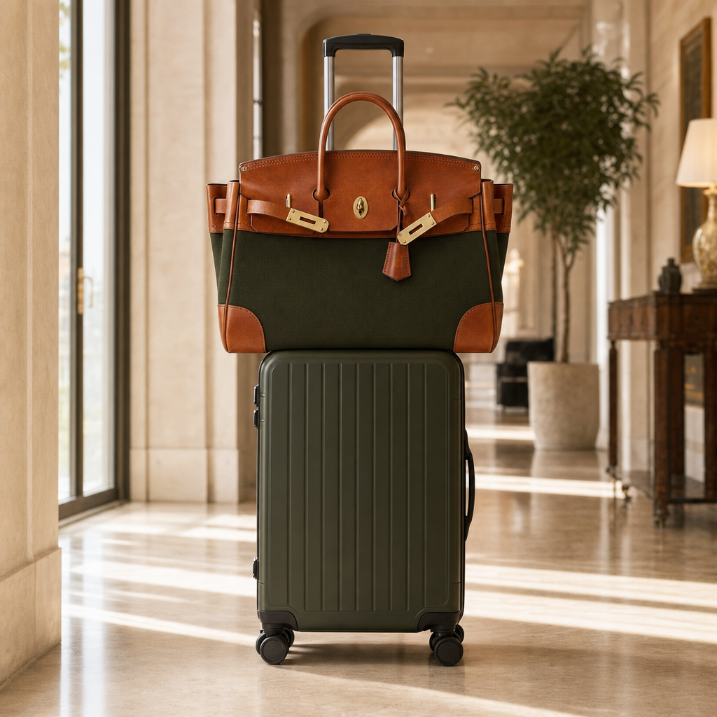 Velantra Weekender in Army Green stacked on top of a rolling carry-on suitcase, true to scale