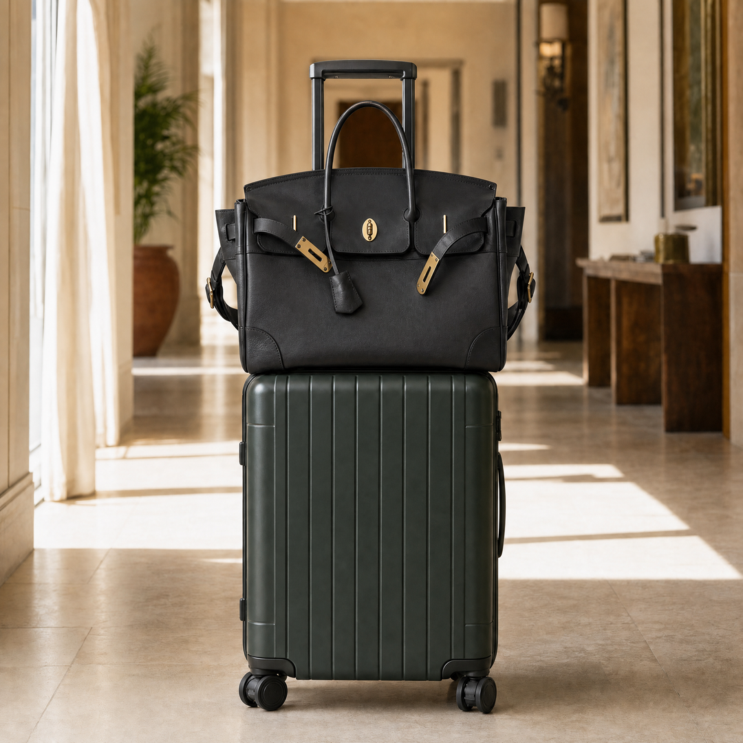 The Velantra Weekender in Black stacked on top of a rolling carry-on suitcase