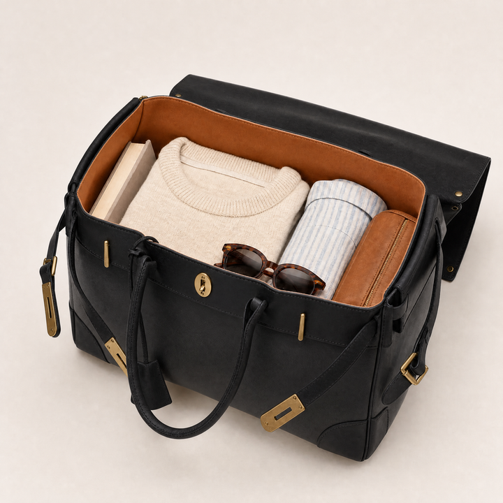 The Velantra Weekender in Black, packed for the weekend
