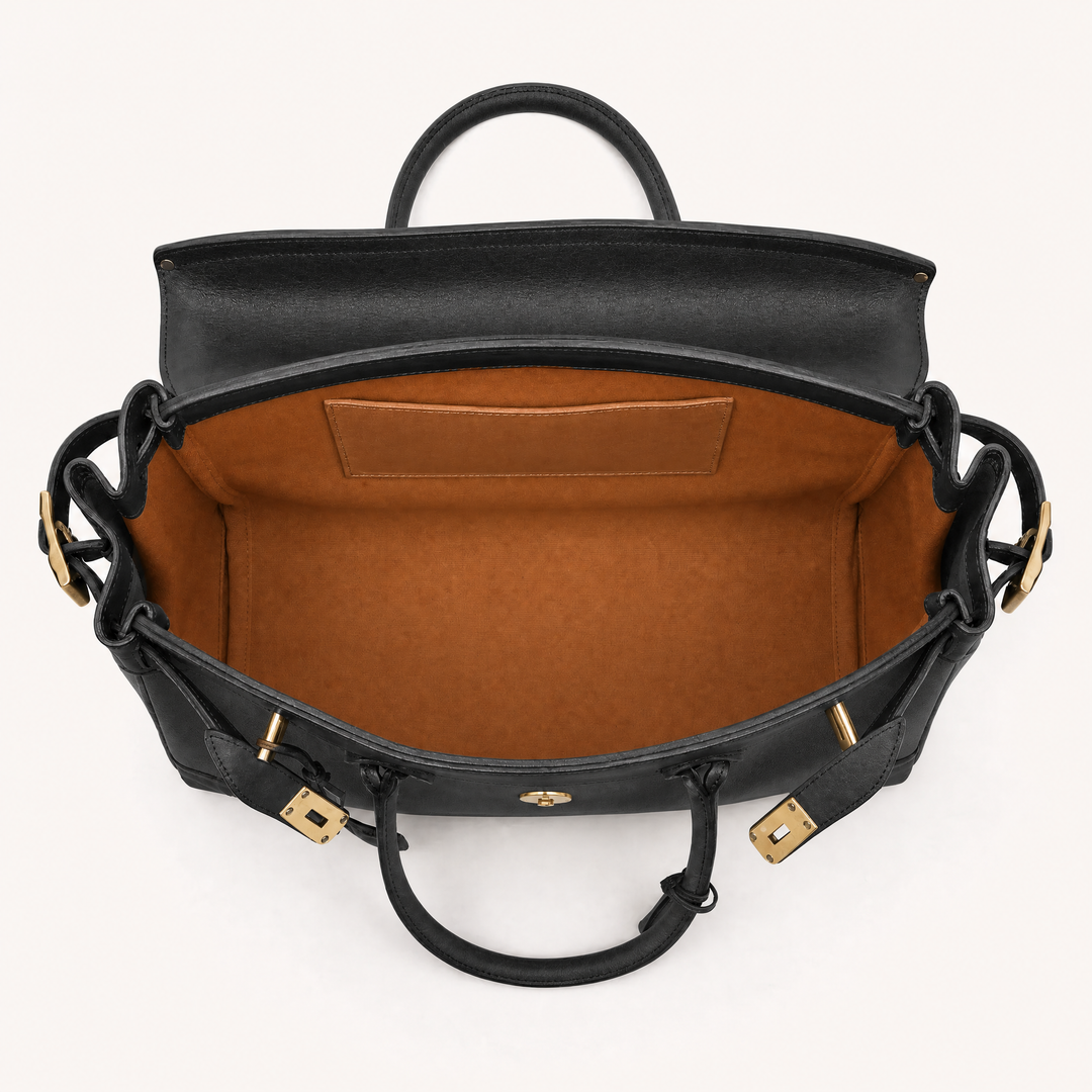 Caramel leather interior of the Velantra Weekender in Black