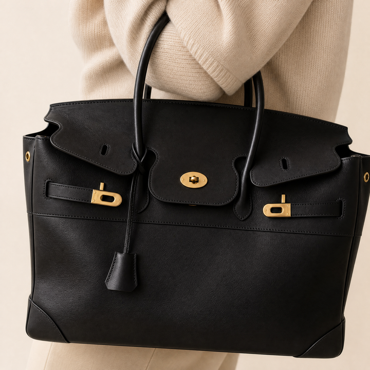Gold hardware detail on the Velantra Weekender in Black
