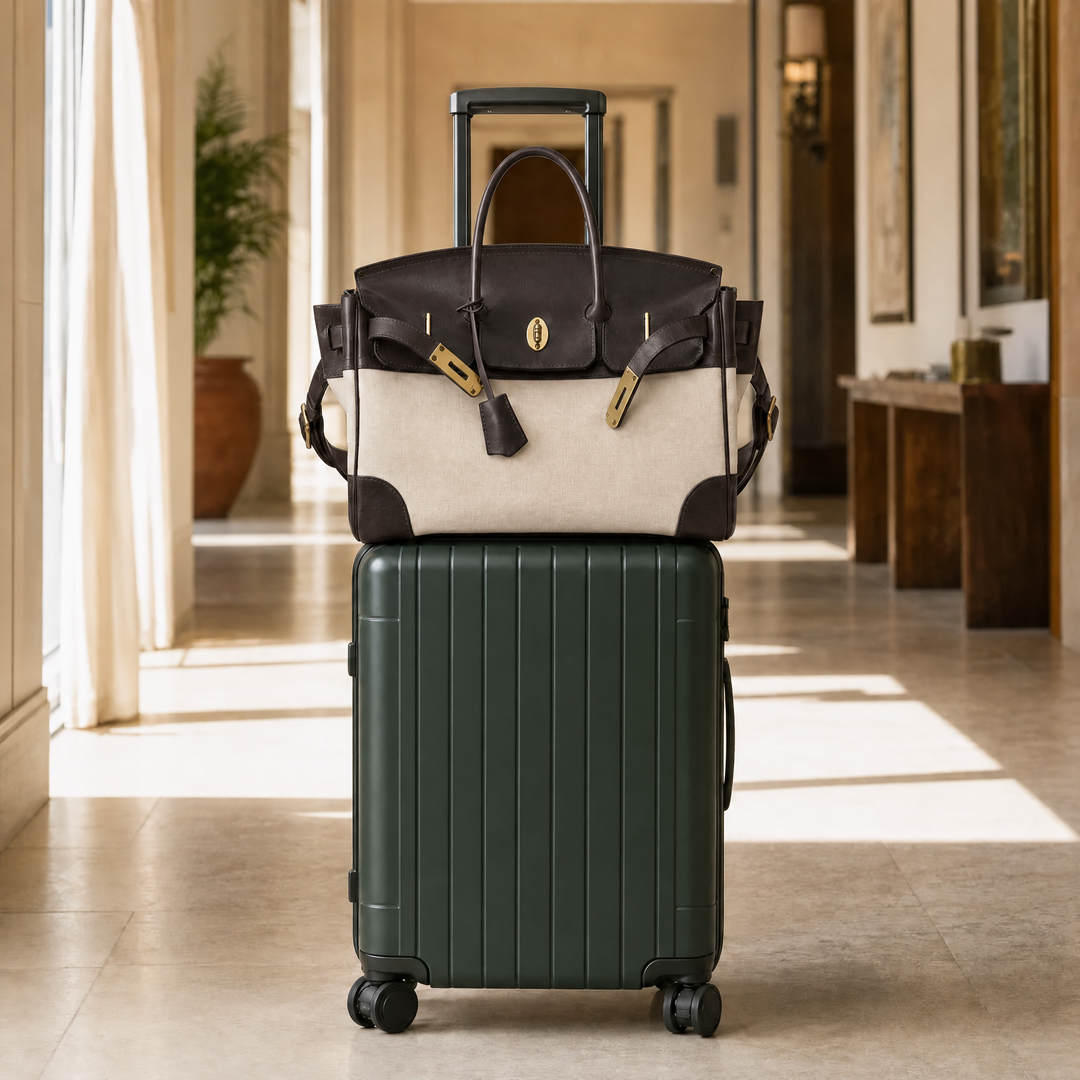 Velantra Weekender in Dark Chocolate stacked on top of a rolling carry-on suitcase, true to scale