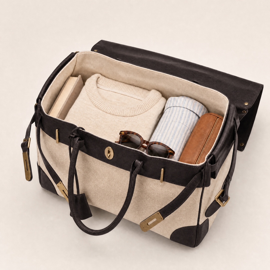 Velantra Weekender in Dark Chocolate, packed for the weekend