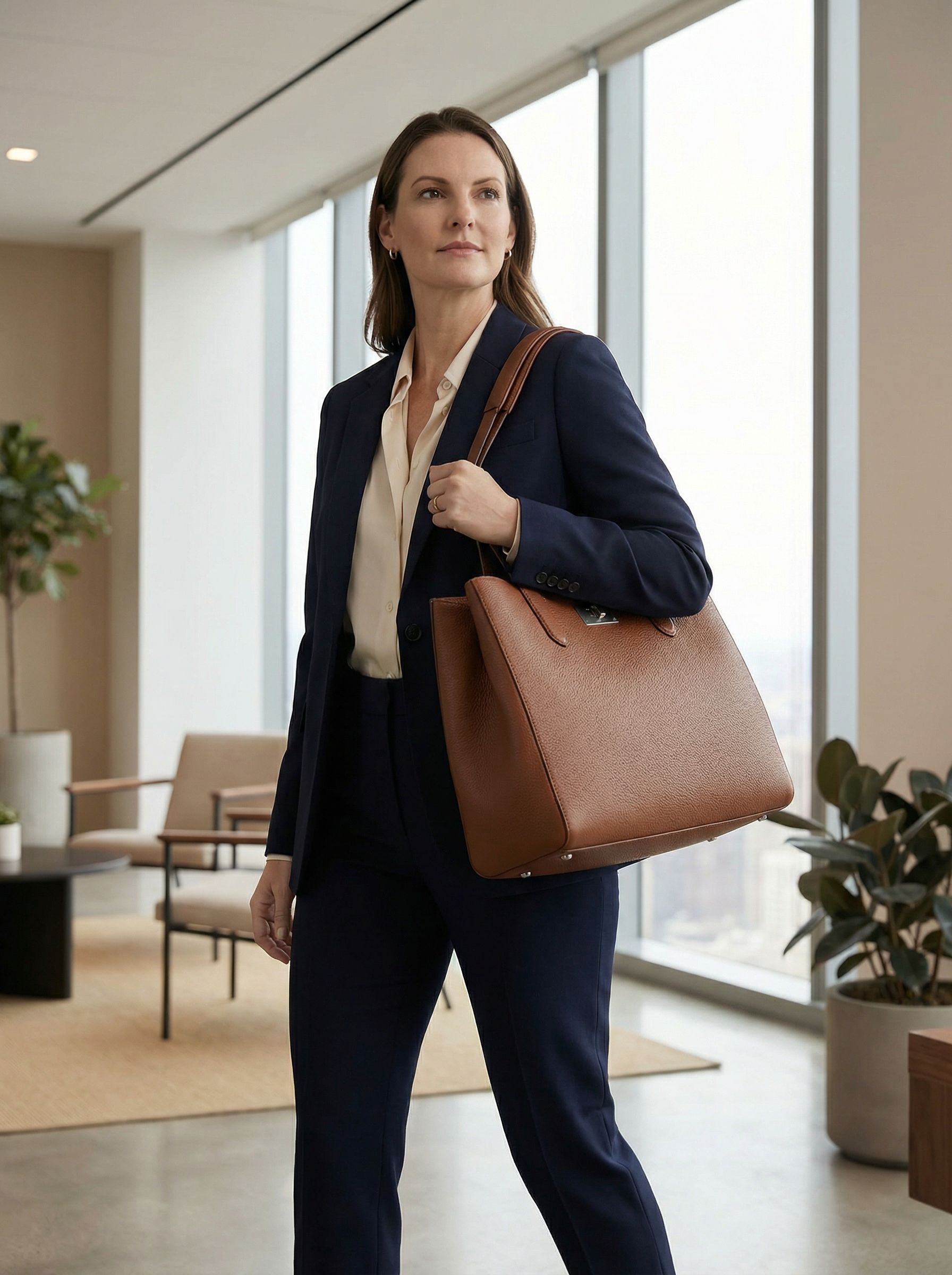Professional woman carrying the Meridian Tote in an office lobby