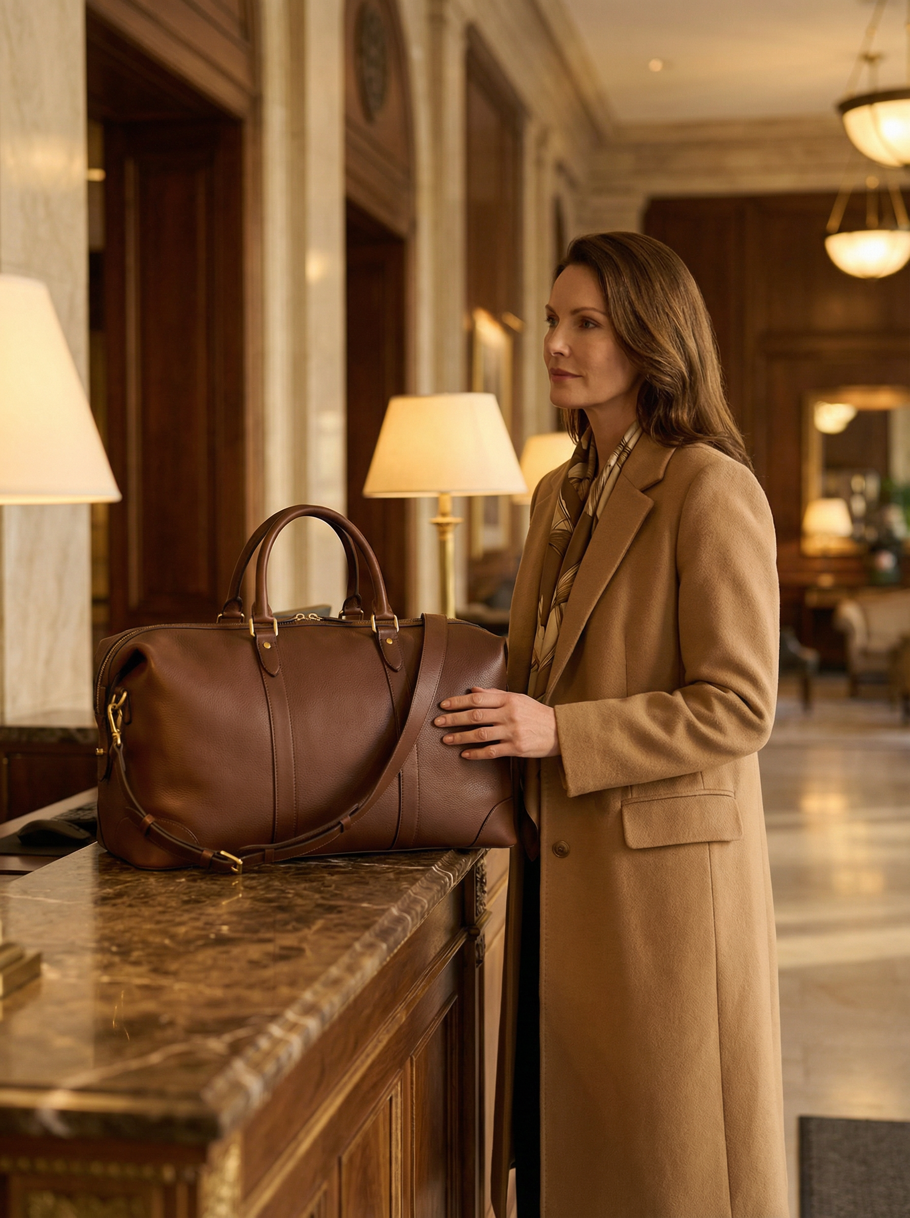Woman with the Weekender at a boutique hotel check-in