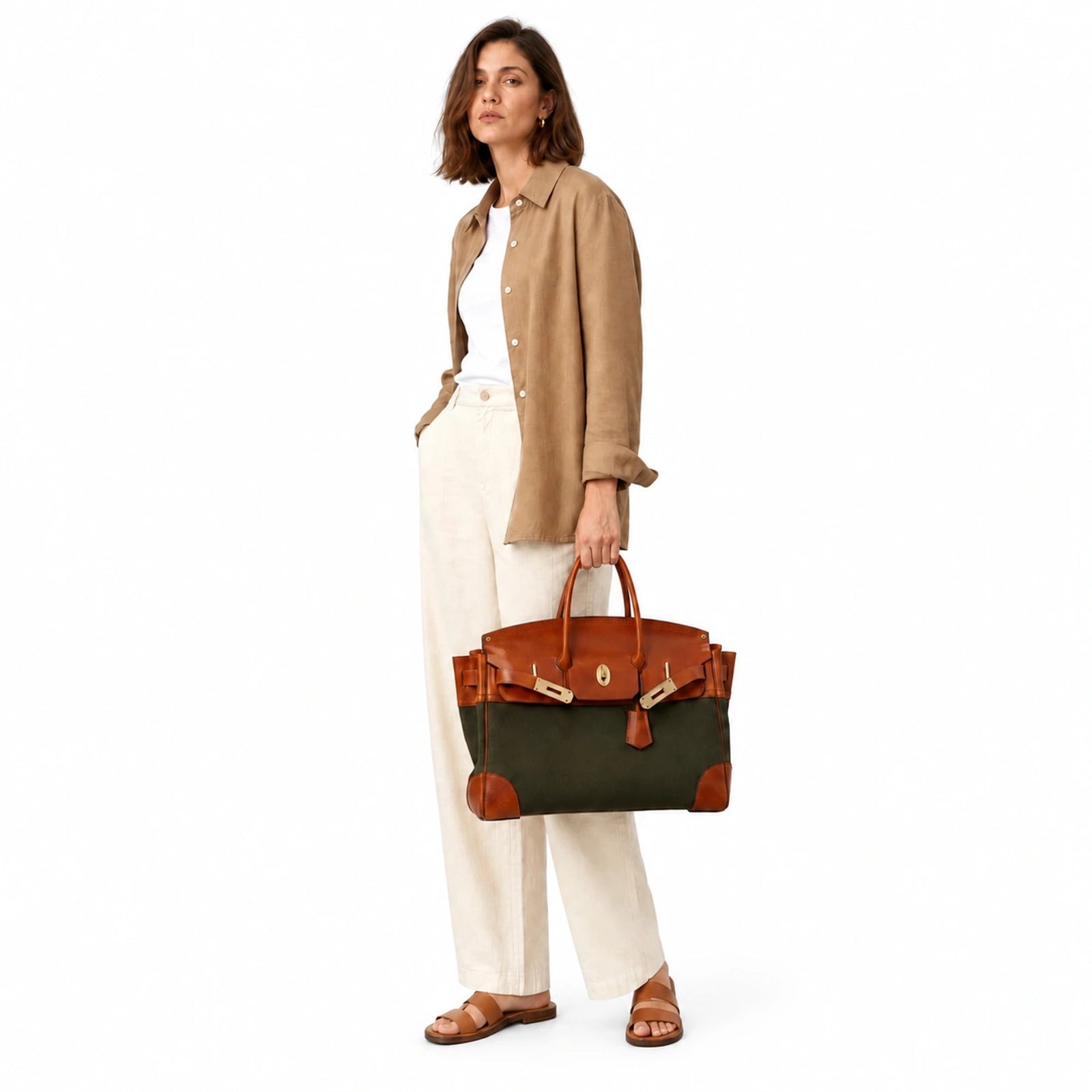 Velantra Weekender in Army Green, model carry