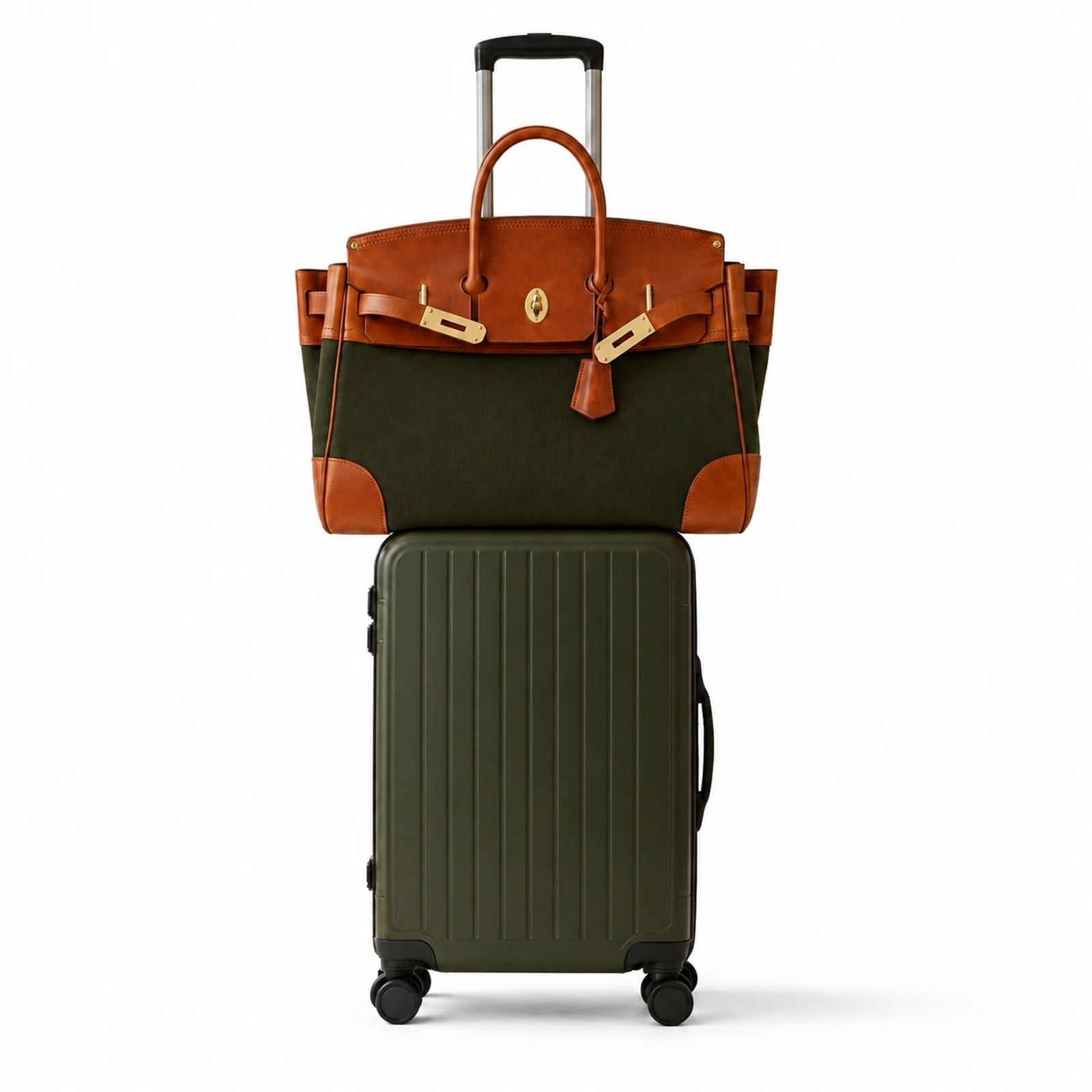 Velantra Weekender in Army Green stacked on top of a rolling carry-on suitcase, true to scale