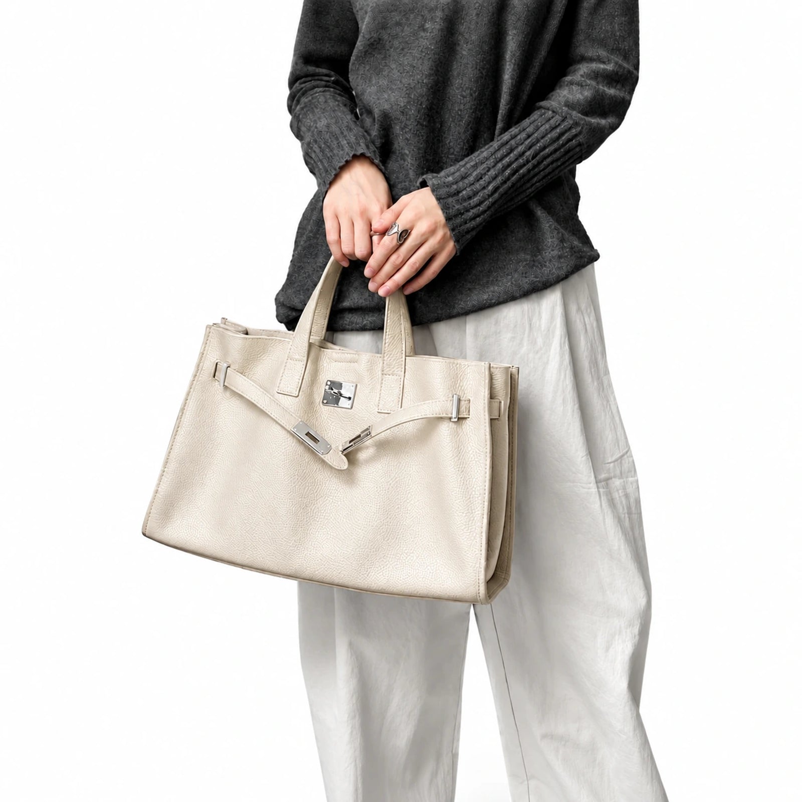 Velantra Margot Leather Tote - Cream On-model