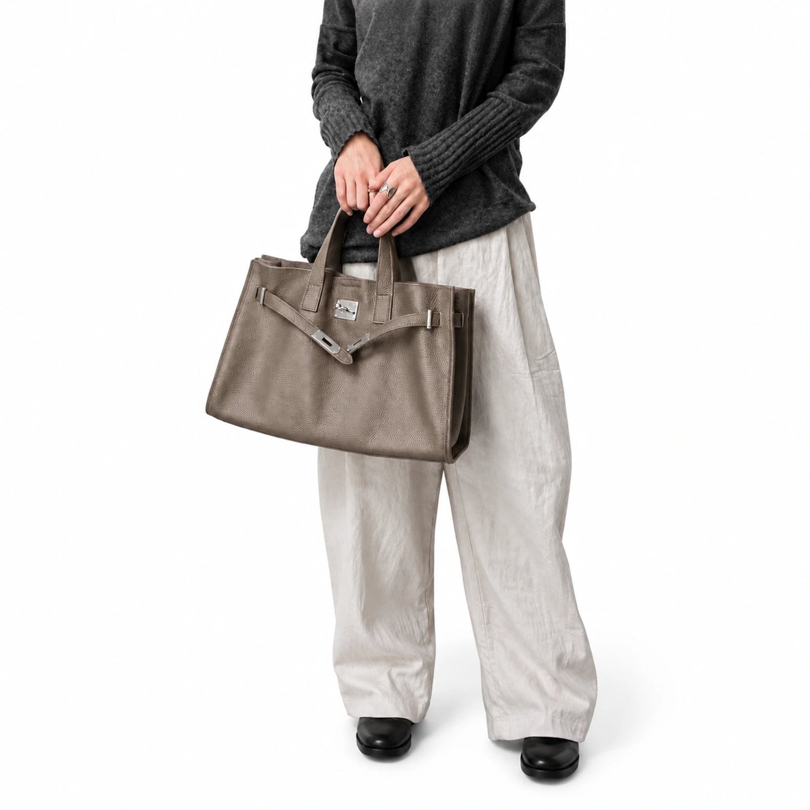 Velantra Margot Leather Tote - Taupe On-model