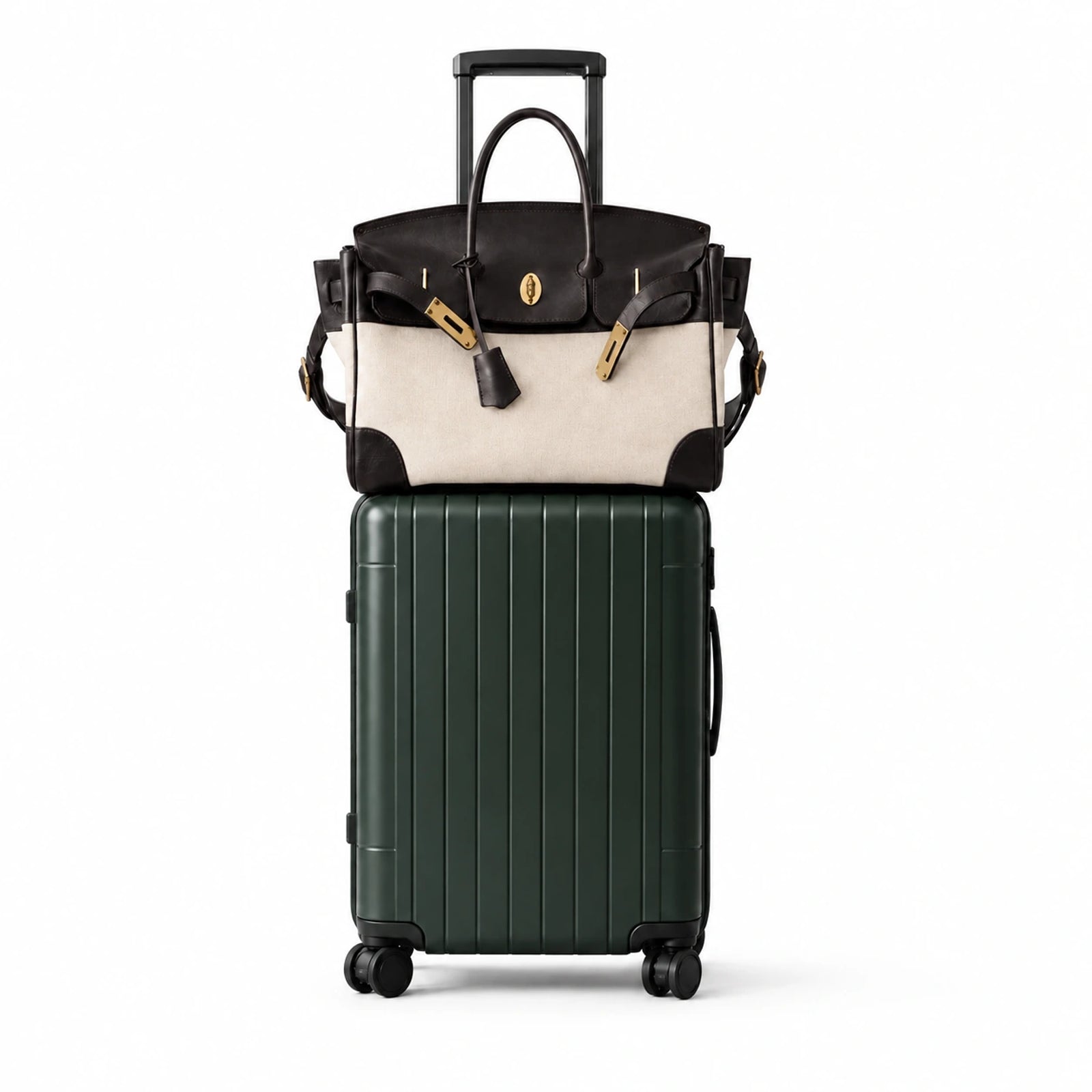 Velantra Weekender in Espresso stacked on top of a rolling carry-on suitcase, true to scale