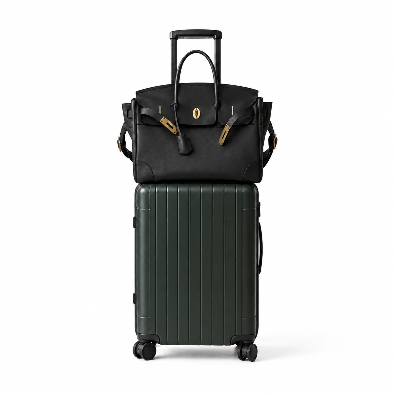 The Velantra Weekender in Black stacked on top of a rolling carry-on suitcase