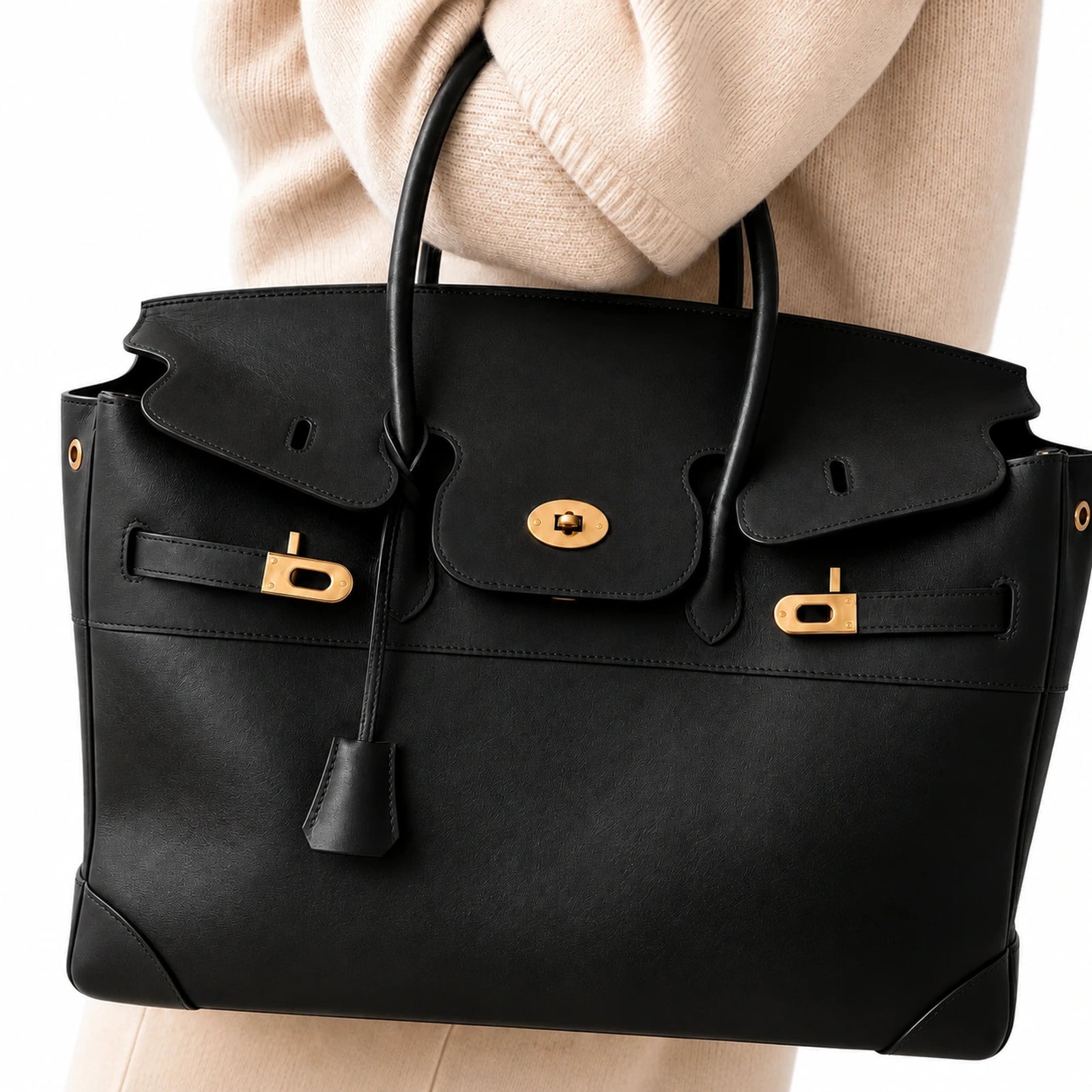 Gold hardware detail on the Velantra Weekender in Black