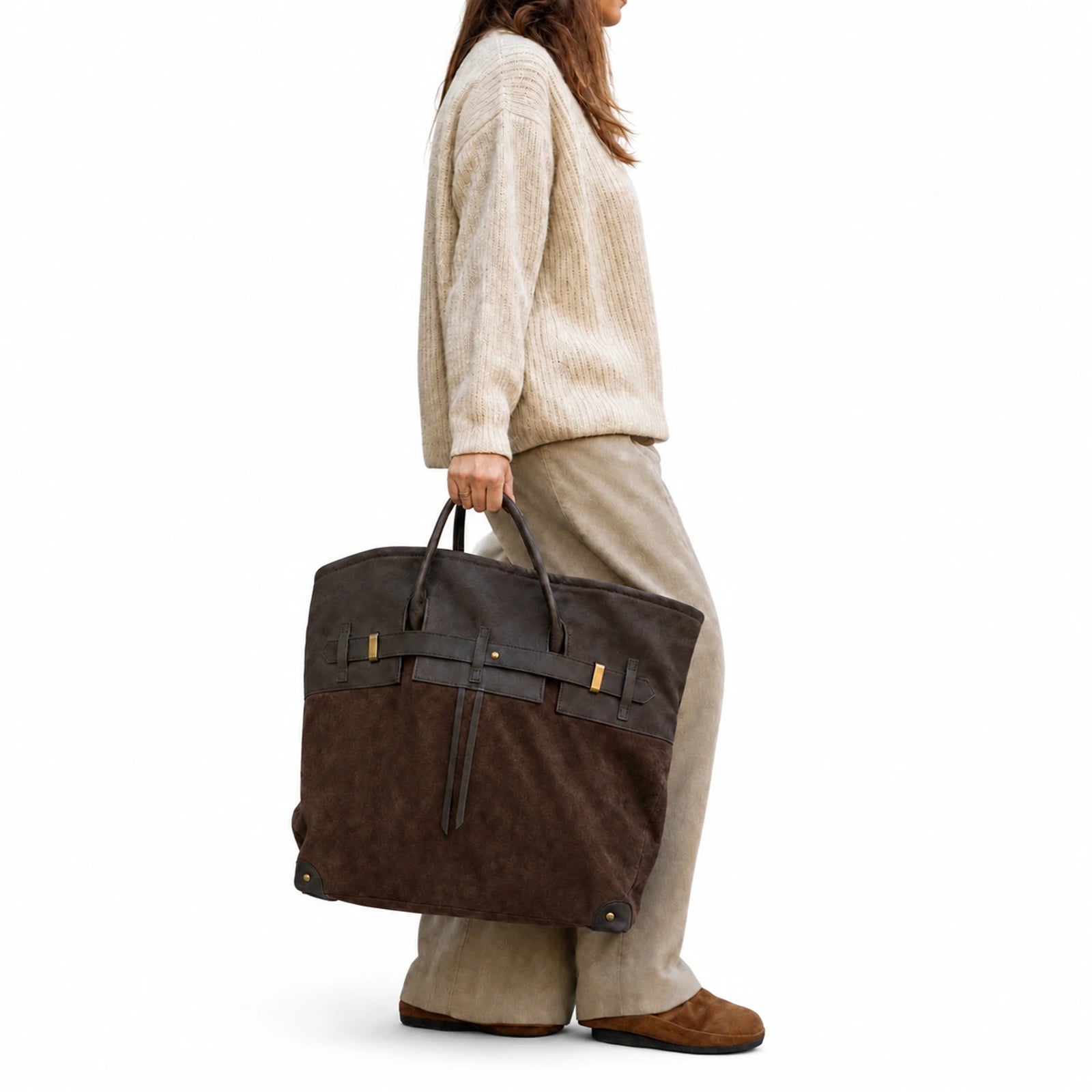 The Juliette Suede Tote in Chocolate, lifestyle