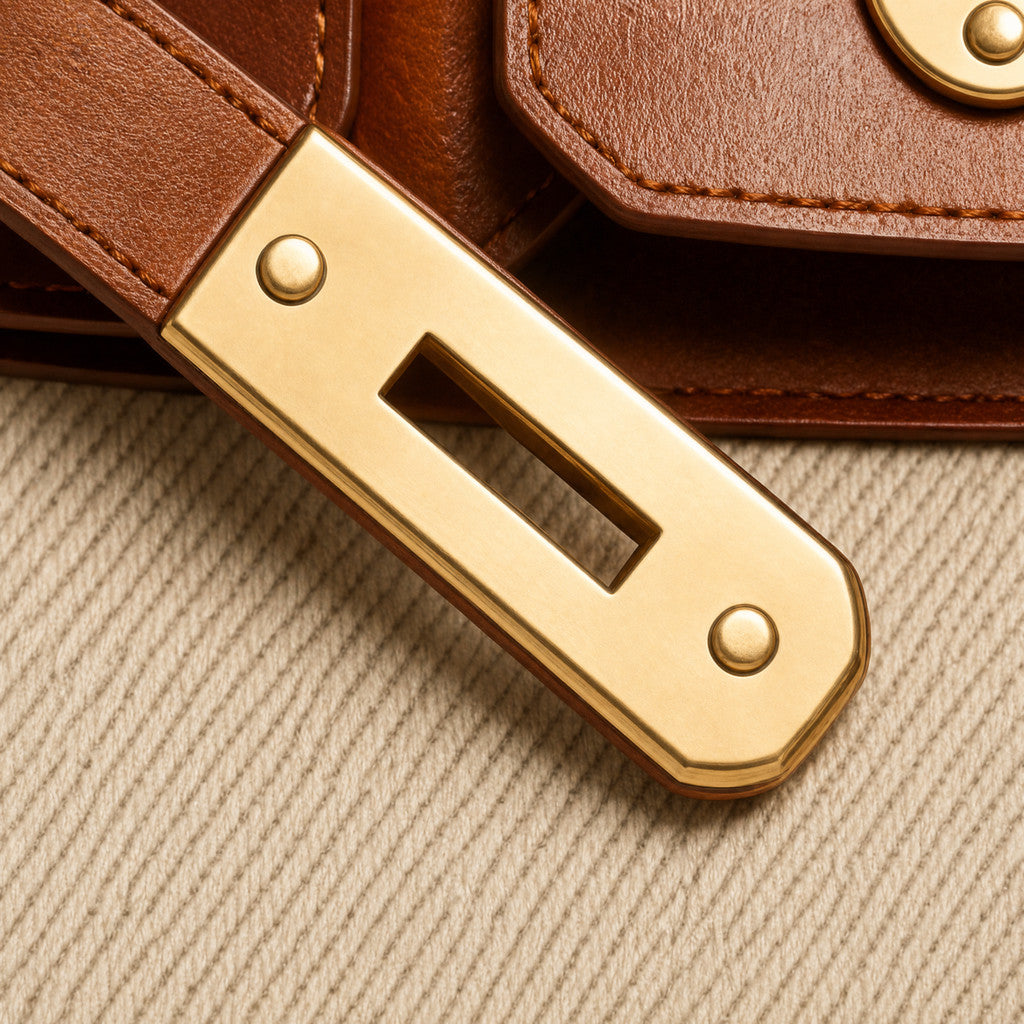 Detail of the Delphine’s slotted gold belt end against cream canvas.
