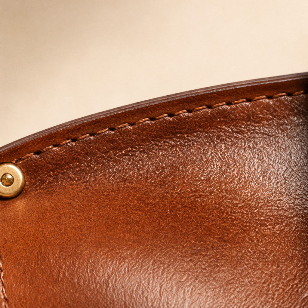 Detail of the Delphine’s curved leather flap edge and tonal stitching.