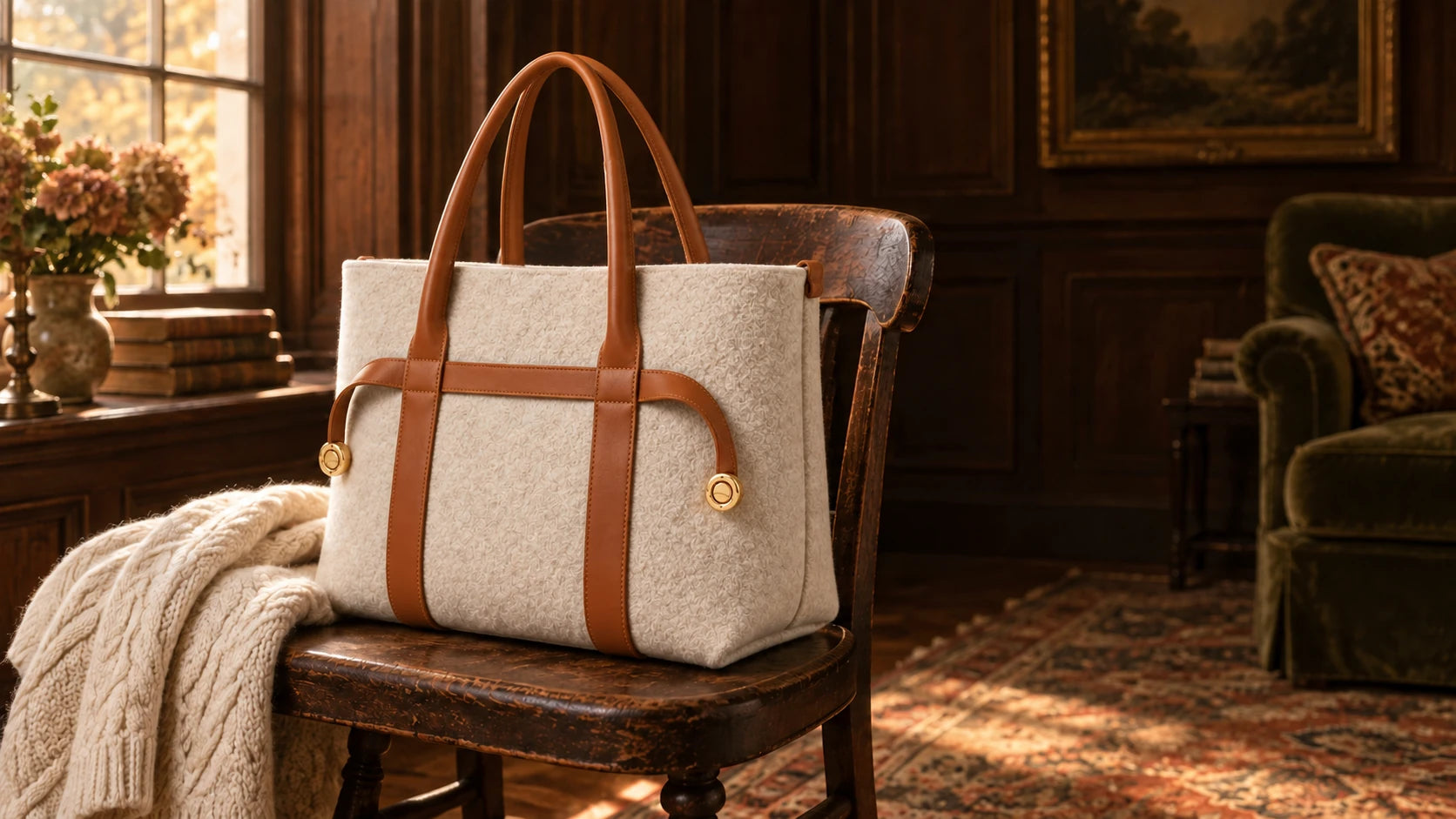 The Caramel Colette wool tote beside an ivory knit in a warm paneled room