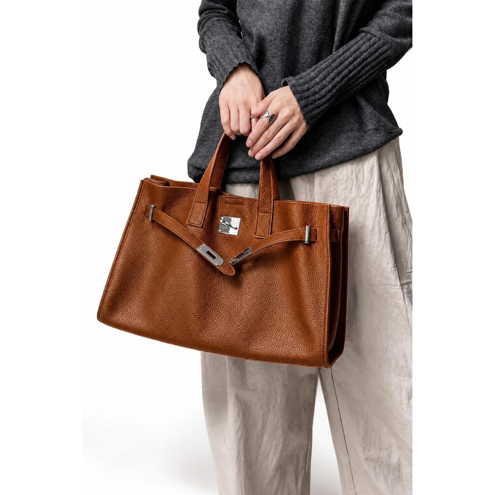 Velantra Margot Leather Tote - Brown On-model