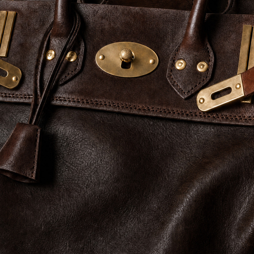 Close-up of the Vivienne’s horizontal gold center fitting and contrasting leather straps.