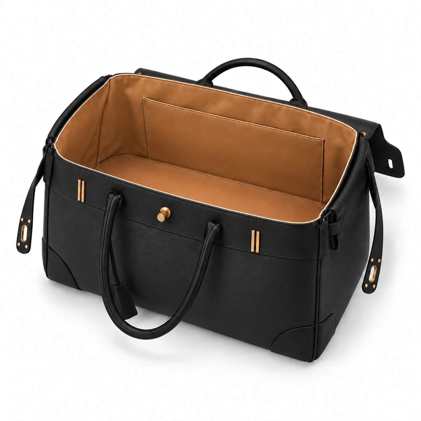 Caramel leather interior of the Velantra Weekender in Black