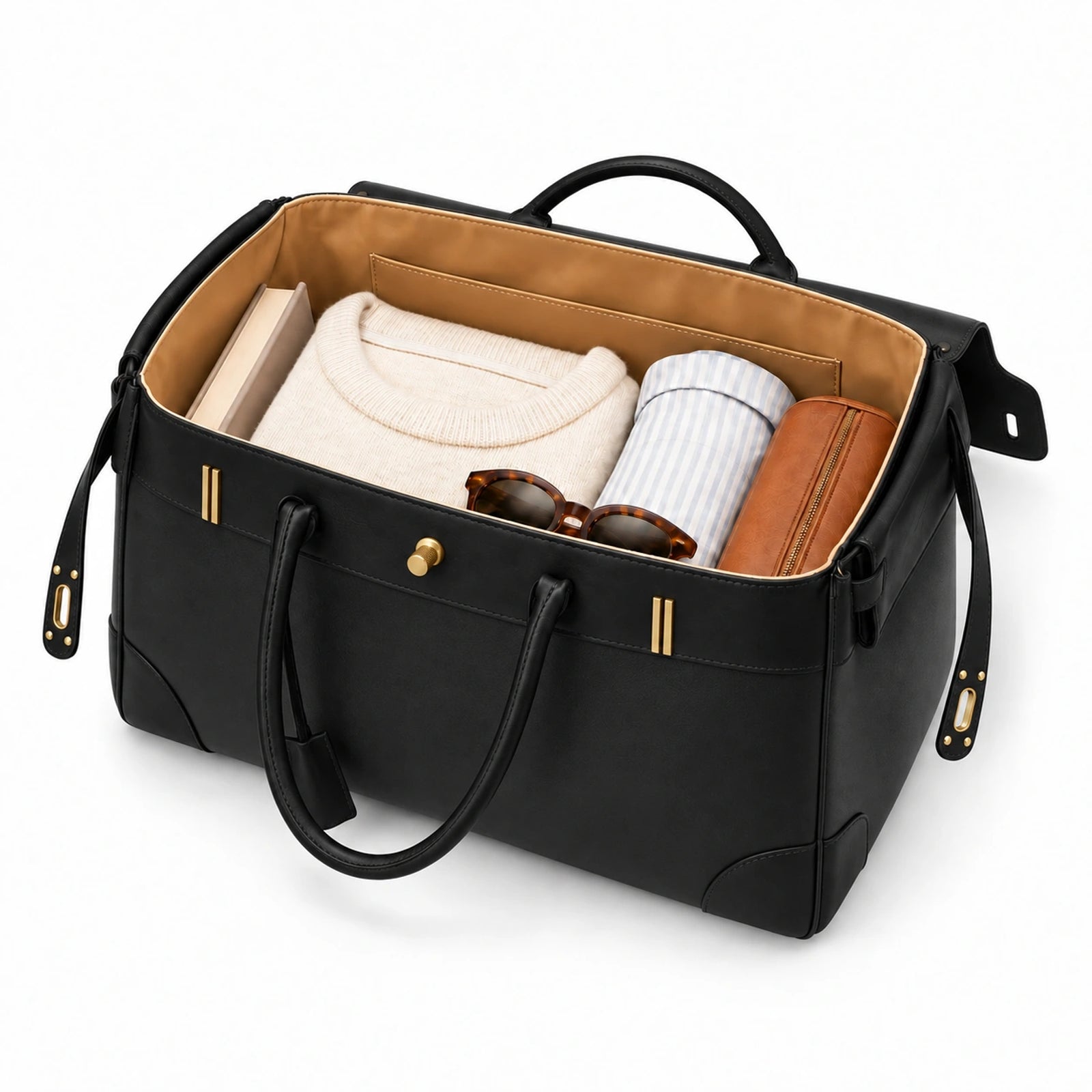 The Velantra Weekender in Black, packed for the weekend