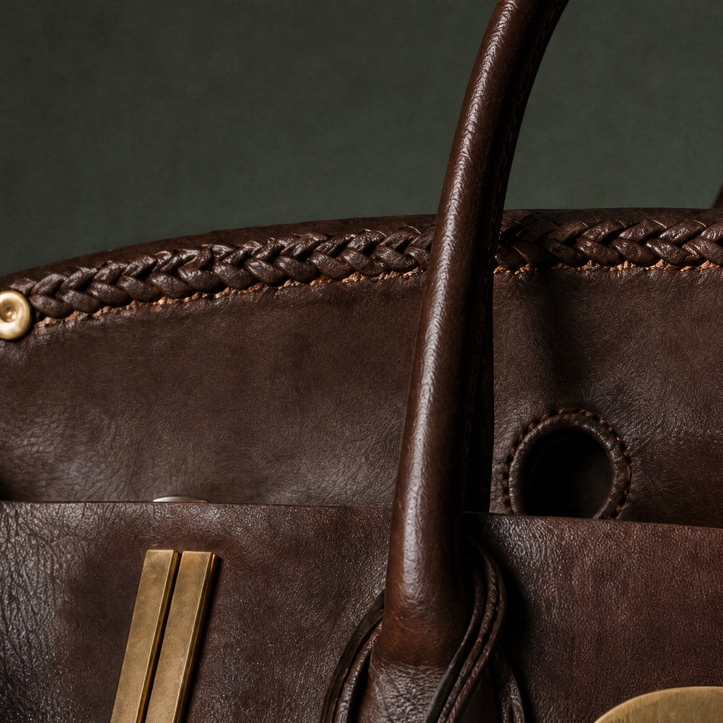 Close-up of the Vivienne’s braided upper edge and tonal stitching.
