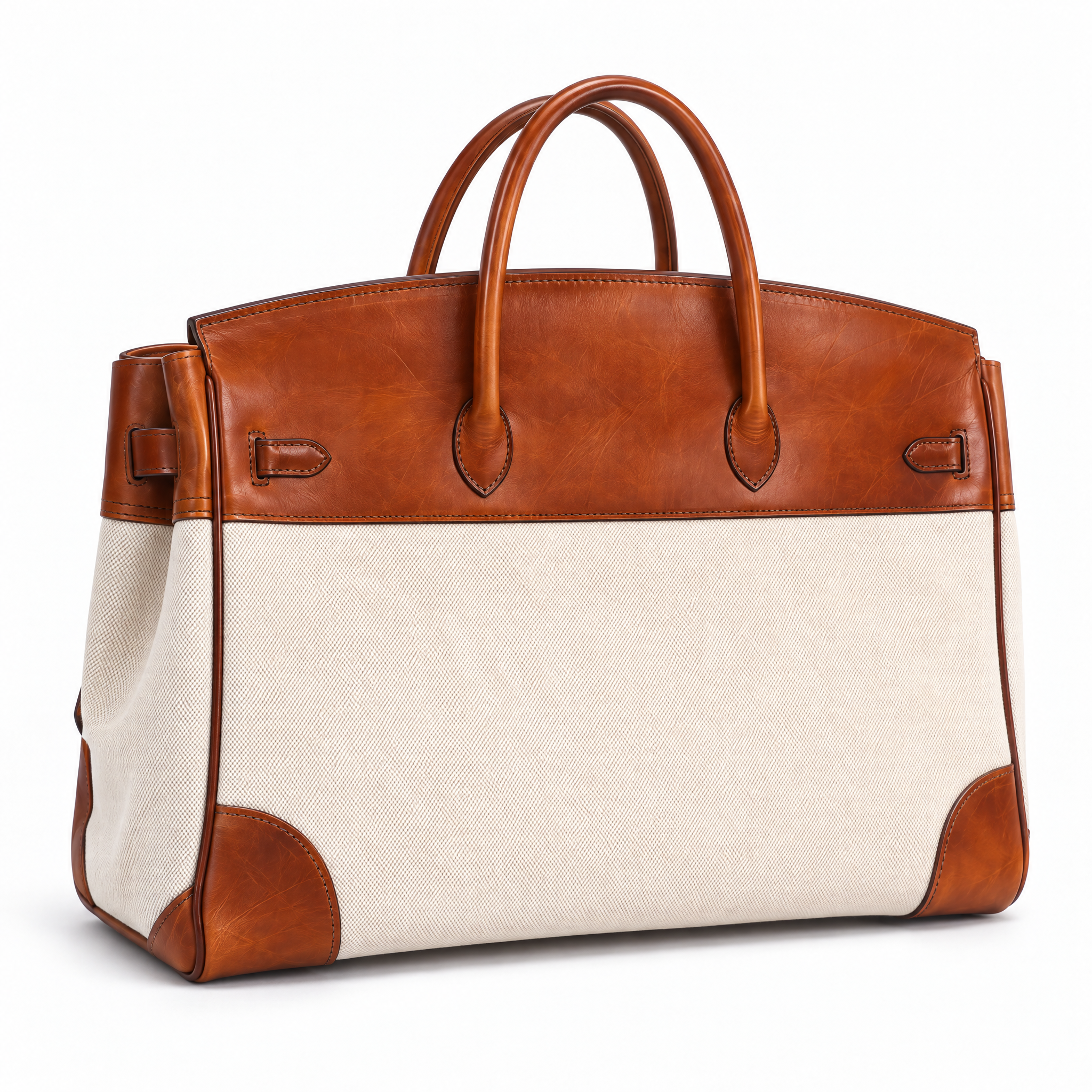 Rear view of the Cognac Weekender, showing the leather panel seams and canvas body.